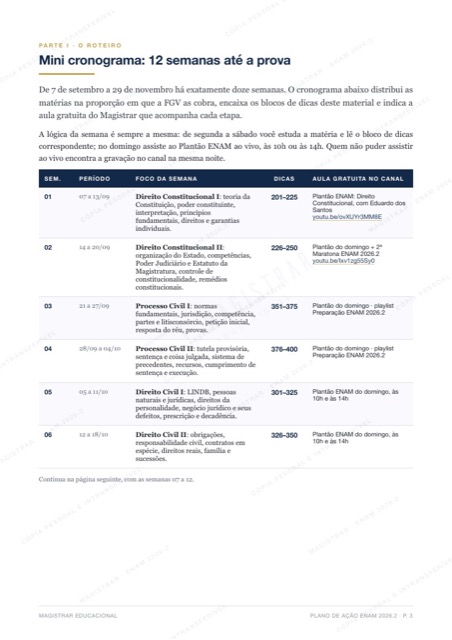 Página do cronograma de 12 semanas do Plano de Ação ENAM 2026.2